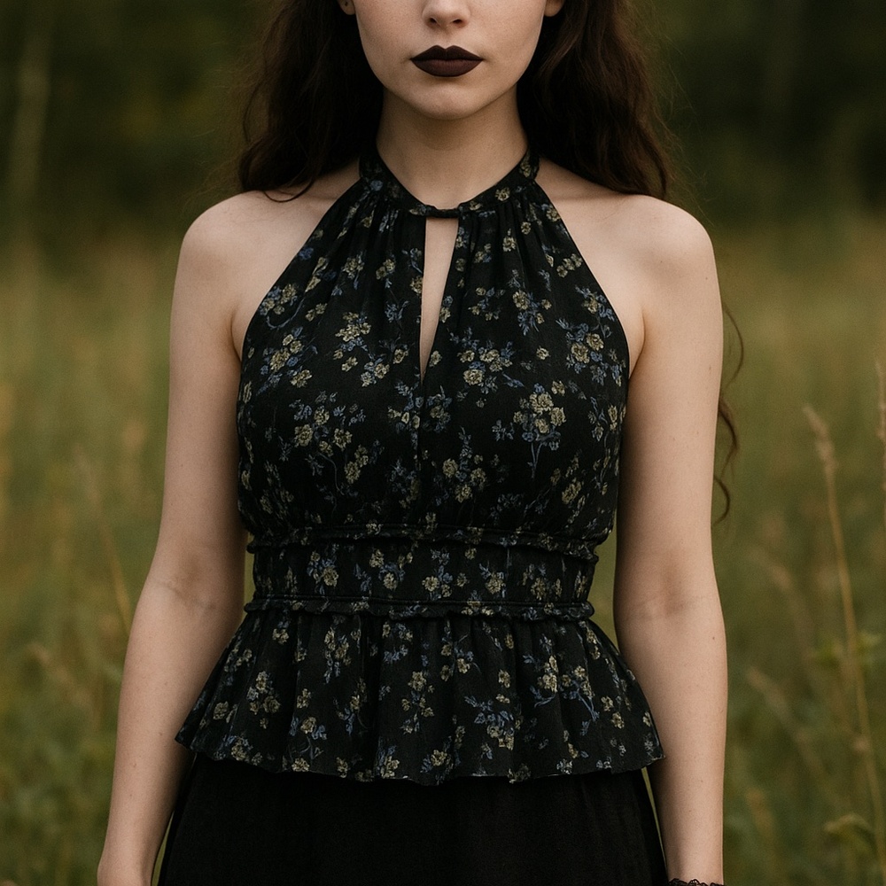 The Kooples Black Y2K Floral Silk Chiffon Babydoll Fairy Forest Whimsigoth Top S